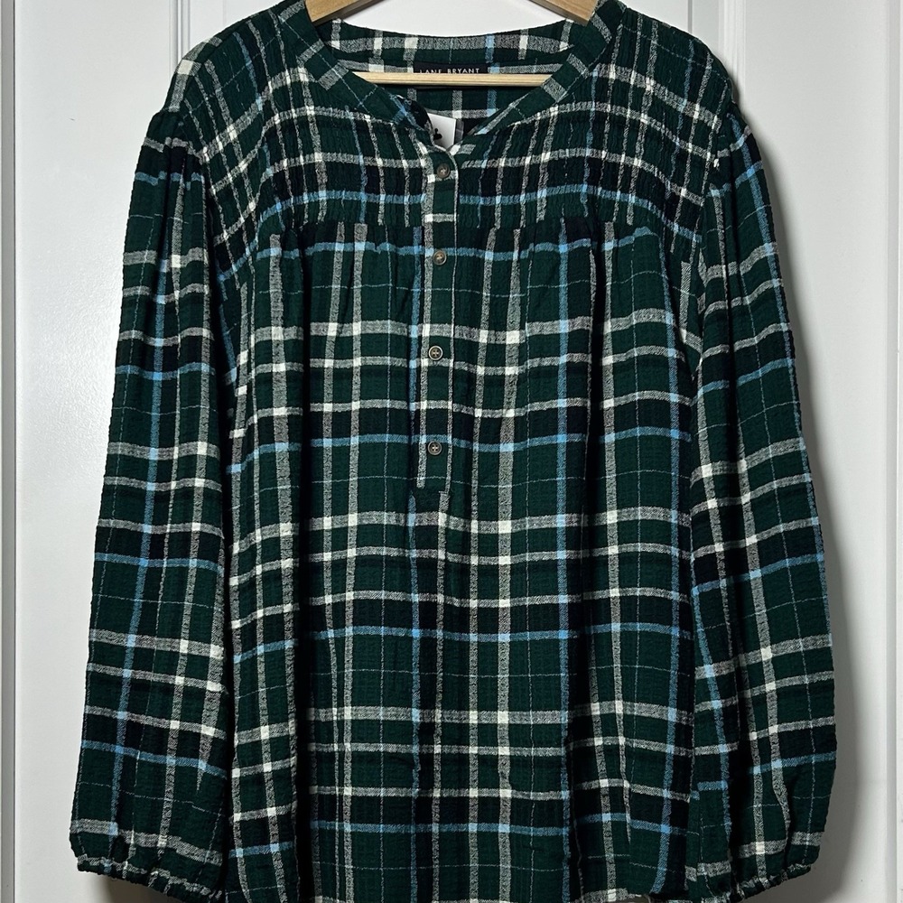 Lane Bryant Forest Green Plaid Crinkle Smocked Henley Blouse Granola Girl Style